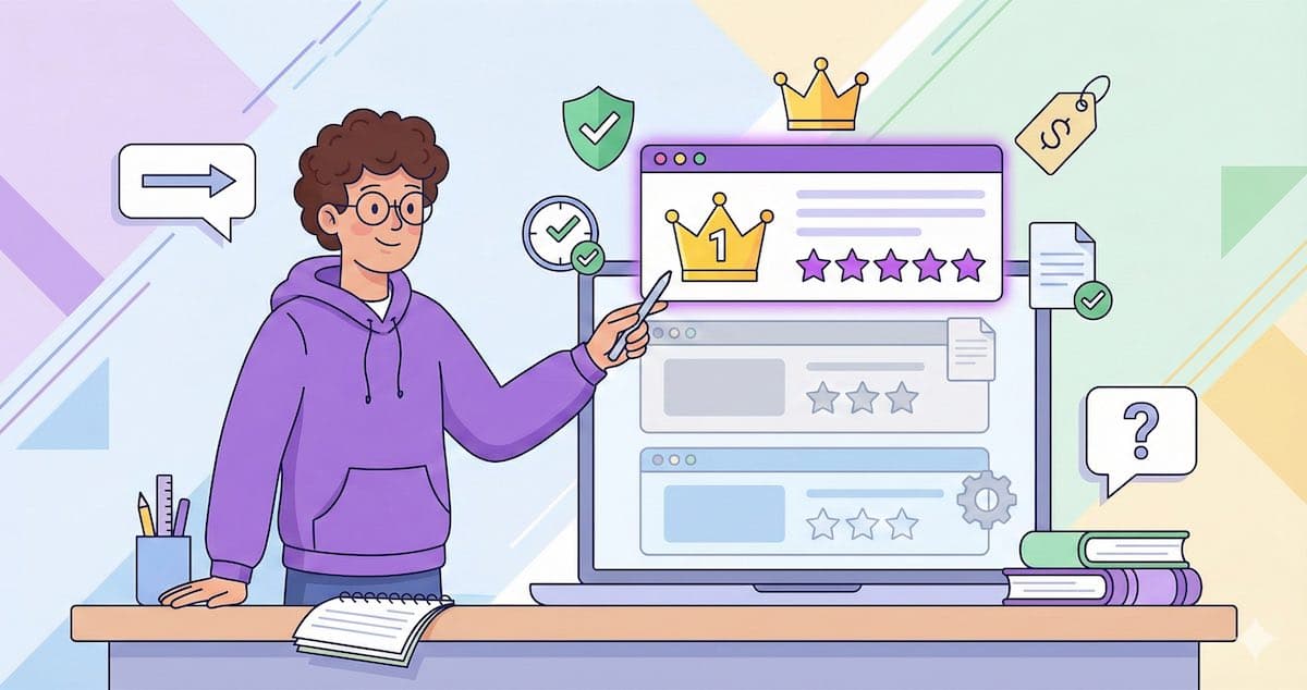 Student browsing homework help websites on laptop comparing options