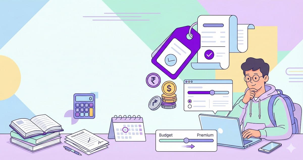 Student calculating homework help costs on calculator with laptop showing pricing